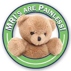 Tebby bear in the middle of a round banner that reads 'MRIs are painless'.